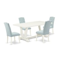 East West Furniture 5-Pc Dining Table Set- 4 Dining Padded Chairs With Baby Blue Linen Fabric Seat And Button Tufted Chair Back - Rectangular Table Top & Wooden Legs - Linen White Finish