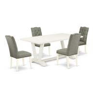 East West Furniture 5-Pc Dining Room Table Set- 4 Dining Chairs With Smoke Linen Fabric Seat And Button Tufted Chair Back - Rectangular Table Top & Wooden Legs - Linen White Finish