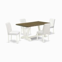 East West Furniture V076Ab264-5 5-Piece Awesome Dining Set A Good Distressed Jacobean Dining Table Top And 4 Lovely Pu Leather Parson Chairs With Stylish Chair Back, Linen White Finish