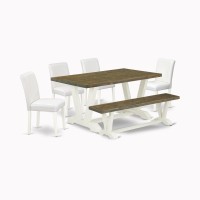 East West Furniture V076Ab264-6 6-Piece Gorgeous Rectangular Table Set An Excellent Distressed Jacobean Wood Table Top And Distressed Jacobean Kitchen Bench And 4 Stunning Pu Leather Padded Chairs Wit