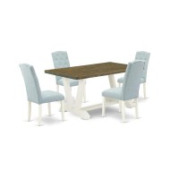 East West Furniture V076Ce215-5 5-Piece Dining Set- 4 Dining Room Chairs With Baby Blue Linen Fabric Seat And Button Tufted Chair Back - Rectangular Table Top & Wooden Legs - Distressed Jacobean And L
