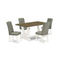 East West Furniture V076El207-5 5-Piece Dining Set- 4 Dining Chairs With Smoke Linen Fabric Seat And Button Tufted Chair Back - Rectangular Table Top & Wooden Legs - Distressed Jacobean And Linen Whit