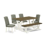 East West Furniture V076El207-6 6-Piece Dining Table Set- 4 Parson Dining Chairs With Smoke Linen Fabric Seat And Button Tufted Chair Back - Rectangular Top & Wooden Legs Wood Dining Table And Wooden
