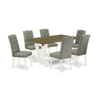 East West Furniture V076El207-7 7-Pc Dining Table Set- 6 Dining Padded Chairs With Smoke Linen Fabric Seat And Button Tufted Chair Back - Rectangular Table Top & Wooden Legs - Distressed Jacobean And