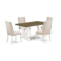 East West Furniture 5-Piece Stylish Dining Room Table Set An Excellent Distressed Jacobean Color Rectangular Dining Table Top And 4 Beautiful Linen Fabric Cream Color Kitchen Chairs With Nail Heads An