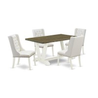 East West Furniture V076Fo244-5 5-Pc Dining Table Set Contains 4 White Pu Leather Upholstered Dining Chairs Button Tufted With Nailheads And Dining Table - Linen White Finish
