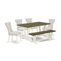 East West Furniture 6-Piece Kitchen Table Set-Doeskin Linen Fabric Seat And Button Tufted Chair Back Parson Chairs, A Rectangular Bench And Rectangular Top Dining Table With Wood Legs - Distressed Jac