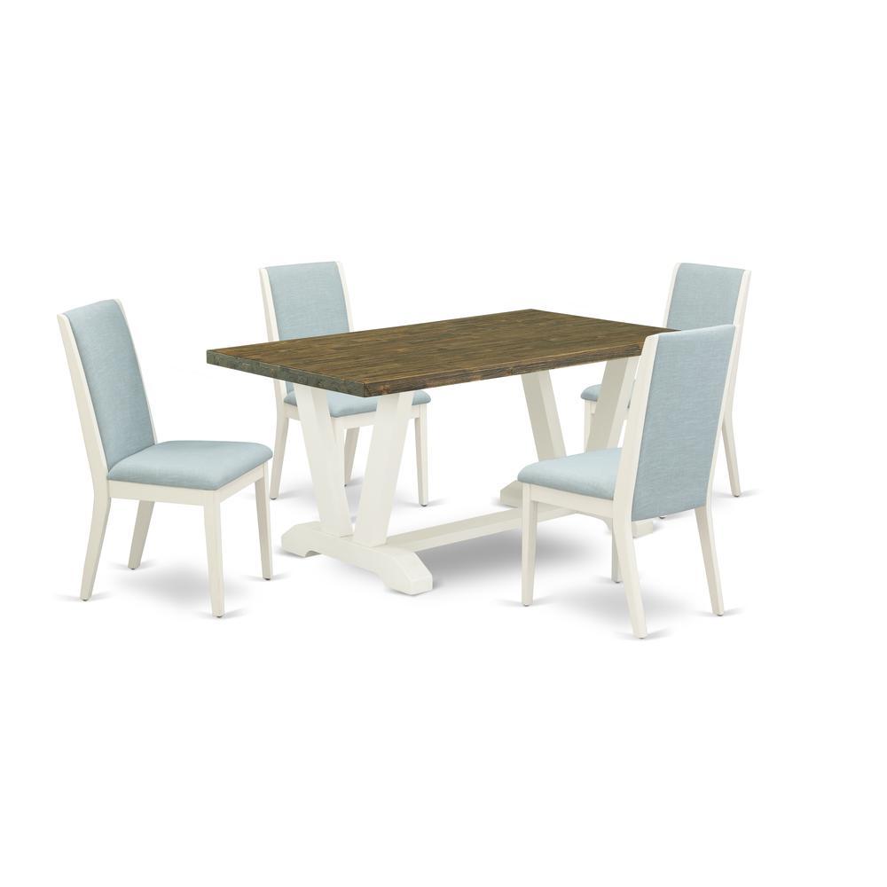 East West Furniture V076La015-5 5Pc Dining Table Set Includes A Dining Room Table And 4 Parson Chairs With Baby Blue Color Linen Fabric, Medium Size Table With Full Back Chairs, Wirebrushed Linen Whit