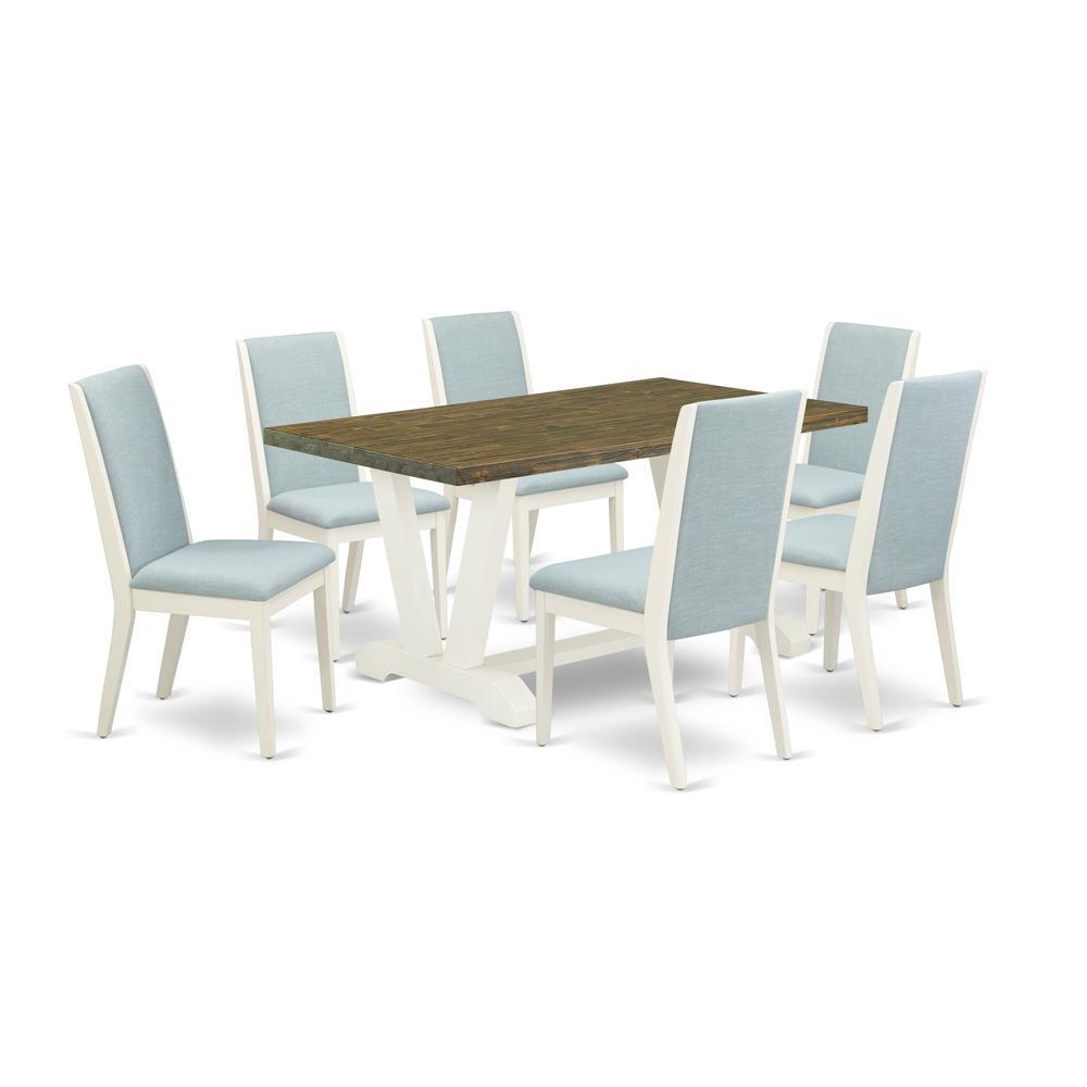 East West Furniture V076La015-7 7Pc Dinette Set Offers A Wood Dining Table And 6 Parsons Dining Chairs With Baby Blue Color Linen Fabric, Medium Size Table With Full Back Chairs, Wirebrushed Linen Whi