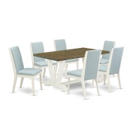 East West Furniture V076La015-7 7Pc Dinette Set Offers A Wood Dining Table And 6 Parsons Dining Chairs With Baby Blue Color Linen Fabric, Medium Size Table With Full Back Chairs, Wirebrushed Linen Whi