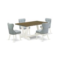 East West Furniture V076Si215-5 5-Piece Dining Table Set- 4 Upholstered Dining Chairs With Baby Blue Linen Fabric Seat And Button Tufted Chair Back - Rectangular Table Top & Wooden Legs - Distressed J