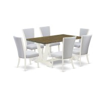 East West Furniture 7-Piece Dining Table Set Includes 6 Modern Chairs With Upholstered Seat And Stylish Back-Rectangular Wooden Dining Table - Distressed Jacobean And Wirebrushed Linen White Finish
