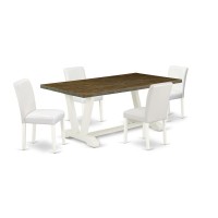 East West Furniture V077Ab264-5 5-Piece Modern Dining Room Set A Good Distressed Jacobean Dining Table Top And 4 Wonderful Pu Leather Parson Dining Room Chairs With Stylish Chair Back, Linen White Fin