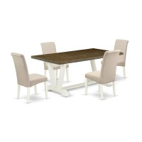 East West Furniture 5-Piece Fashionable Dining Room Set A Superb Distressed Jacobean Kitchen Rectangular Table Top And 4 Beautiful Linen Fabric Padded Chairs With High Roll Chair Back, Linen White Fin