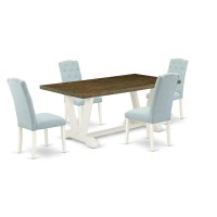 East West Furniture V077Ce215-5 5-Pc Dining Table Set- 4 Mid Century Dining Chairs With Baby Blue Linen Fabric Seat And Button Tufted Chair Back - Rectangular Table Top & Wooden Legs - Distressed Jaco