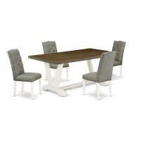 East West Furniture V077El207-5 5-Pc Dinette Room Set- 4 Kitchen Parson Chairs With Smoke Linen Fabric Seat And Button Tufted Chair Back - Rectangular Table Top & Wooden Legs - Distressed Jacobean And