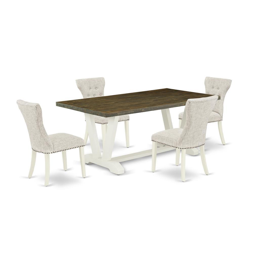 East West Furniture 5-Piece Dining Set- 4 Parson Dining Chairs With Doeskin Linen Fabric Seat And Button Tufted Chair Back - Rectangular Table Top & Wooden Legs - Distressed Jacobean And Linen White F