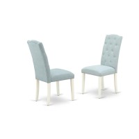 East West Furniture 5-Piece Dining Room Table Set- 4 Parson Dining Room Chairs With Baby Blue Linen Fabric Seat And Button Tufted Chair Back - Rectangular Table Top & Wooden Legs - Cement And Linen Wh
