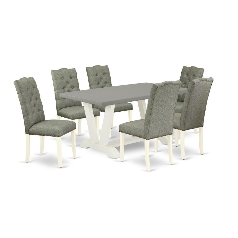 East West Furniture 7-Pc Dining Room Set- 6 Kitchen Chairs With Smoke Linen Fabric Seat And Button Tufted Chair Back - Rectangular Table Top & Wooden Legs - Cement And Linen White Finish