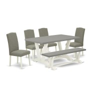 East West Furniture 6-Piece Gorgeous Dining Room Set A Great Cement Color Wood Dining Table Top And Cement Color Dining Room Bench And 4 Amazing Linen Fabric Parson Chairs With Nail Heads And Stylish