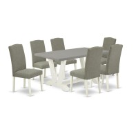 East West Furniture 7-Piece Fashionable Dining Room Table Set A Good Cement Color Kitchen Rectangular Table Top And 6 Excellent Linen Fabric Parson Chairs With Nail Heads And Stylish Chair Back, Linen