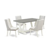East West Furniture V096Fo244-5 5-Piece Dining Room Set Includes 4 White Pu Leather Parson Dining Chairs Button Tufted With Nailheads And Cement Rectangular Table - Linen White Finish