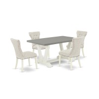 East West Furniture 5-Piece Modern Dining Table Set- 4 Dining Padded Chairs With Doeskin Linen Fabric Seat And Button Tufted Chair Back - Rectangular Table Top & Wooden Legs - Cement And Linen White F