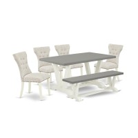 East West Furniture 6-Pc Modern Dining Set- 4 Kitchen Parson Chairs With Doeskin Linen Fabric Seat And Button Tufted Chair Back - Rectangular Top & Wooden Legs Dining Room Table And Dining Bench - Cem