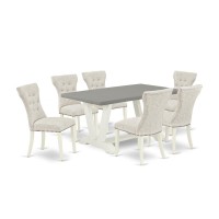 East West Furniture 7-Piece Dining Set- 6 Parson Dining Chairs With Doeskin Linen Fabric Seat And Button Tufted Chair Back - Rectangular Table Top & Wooden Legs - Cement And Linen White Finish