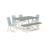 East West Furniture V096La015-6 6-Piece Gorgeous Rectangular Table Set An Excellent Cement Color Dining Room Table Top And Cement Color Indoor Bench And 4 Wonderful Linen Fabric Padded Chairs With Sty