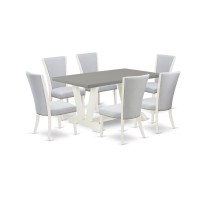 East West Furniture 7-Pc Dining Room Table Set Consists Of 6 Dining Chairs With Upholstered Seat And Stylish Back-Rectangular Breakfast Table - Cement And Wirebrushed Linen White Finish