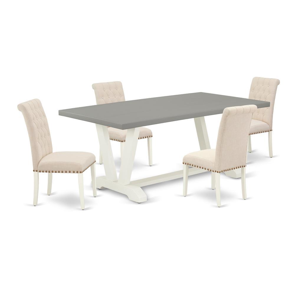 East West Furniture V097Br202-5 5-Piece Gorgeous Dinette Set A Great Cement Color Dining Room Table Top And 4 Awesome Linen Fabric Dining Chairs With Nail Heads And Button Tufted Chair Back, Linen Whi