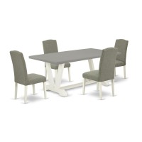 East West Furniture 5-Piece Beautiful Dining Room Set A Great Cement Color Dining Table Top And 4 Attractive Linen Fabric Dining Chairs With Nail Heads And Stylish Chair Back, Linen White Finish