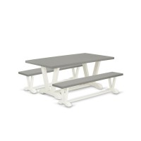 East West Furniture V2-097 3 Piece Kitchen Dining Table Set - 1 Cement Wood Table And 2 Wood Bench - Stable And Durable Construction - Linen White Finish