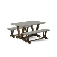 East West Furniture V2-796 3 Piece Kitchen Table Set - 1 Cement Kitchen Table And 2 Small Wood Bench - Stable And Durable Construction - Distressed Jacobean Finish