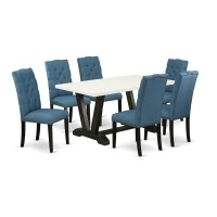 East West Furniture V626El121-7 7-Piece Gorgeous Rectangular Table Set An Outstanding Linen White Dining Table Top And 6 Lovely Linen Fabric Dining Chairs With Nail Heads And Button Tufted Chair Back,