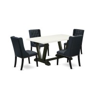 East West Furniture V626Fo624-5 5 Piece Dining Table Set Includes 4 Black Linen Fabric Dining Chairs With Button Tufted And Linen White Rectangular Dining Table - Wire Brush Black Finish