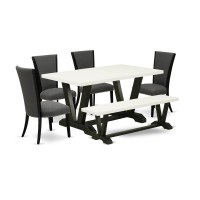 East West Furniture V626Ve650-6 6 Piece Mid Century Dining Set - 4 Dark Gotham Grey Linen Fabric Modern Chair With Nailheads And Linen White Dining Table - 1 Dining Room Bench - Black Finish