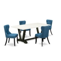 East West Furniture V627Si121-5 3-Pc - 2 Parson Dining Chairs With Blue Linen Fabric Seat And Button Tufted Chair Back - Rectangular Table Top & Wooden Legs - Linen White And Black Finish
