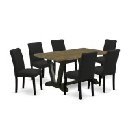 East West Furniture 7-Piece Table And Chairs Dining Set Includes 6 Mid Century Dining Chairs With Upholstered Seat And High Back And A Rectangular Wood Dining Table - Black Finish