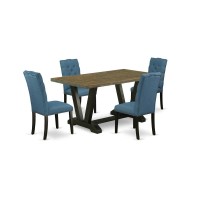 East West Furniture V676El121-5 5-Piece Stylish An Excellent Distressed Jacobean Dining Table Top And 4 Gorgeous Linen Fabric Parson Chairs With Nail Heads And Button Tufted Chair Back, Wire Brushed B