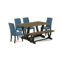 East West Furniture V676El121-6 6-Piece Amazing Modern Dining Table Set A Great Distressed Jacobean Kitchen Rectangular Table Top And Distressed Jacobean Dining Bench And 4 Excellent Linen Fabric Kitc