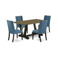 East West Furniture V676Fl121-5 5-Piece Amazing Dining Set A Great Distressed Jacobean Dining Table Top And 4 Gorgeous Linen Fabric Dining Chairs With Nail Heads And Stylish Chair Back, Wire Brushed B