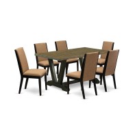 East West Furniture V676La147-7 7-Piece Stylish A Superb Distressed Jacobean Dining Table Top And 6 Gorgeous Linen Fabric Dining Chairs With Stylish Chair Back, Wire Brushed Black Finish