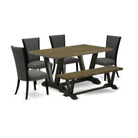 East West Furniture V676Ve650-6 6 Piece Mid Century Dining Set - 4 Dark Gotham Grey Linen Fabric Kitchen Chairs With Nailheads And Distressed Jacobean Dinner Table - 1 Wood Bench - Black Finish