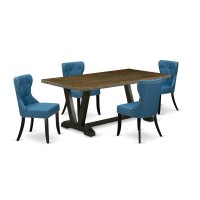 East West Furniture V677Si121-5 5-Pc Dining Room Table Set- 4 Dining Chairs With Blue Linen Fabric Seat And Button Tufted Chair Back - Rectangular Table Top & Wooden Legs - Distressed Jacobean And Bla