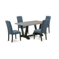 East West Furniture V696Ce121-5 5-Pc Dinette Room Set - 4 Padded Parson Chairs And 1 Modern Rectangular Cement Kitchen Table With Button Tufted Chair Back - Wire Brushed Black Finish