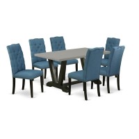 East West Furniture 7-Piece Beautiful Rectangular Dining Room Table Set A Great Cement Color Modern Dining Table Top And 6 Beautiful Linen Fabric Parson Dining Room Chairs With Nail Heads And Button T