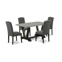East West Furniture V696En120-5 5-Pc Dinette Room Set - 4 Kitchen Chairs And 1 Modern Rectangular Cement Wood Dining Table With High Stylish Chair Back - Wire Brushed Black Finish