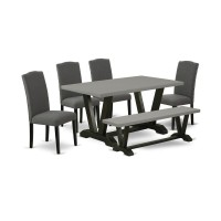 East West Furniture V696En120-6 6-Pc Dinette Set - 4 Kitchen Chairs, A Dining Bench Cement Top And 1 Cement Kitchen Dining Table Top With High Stylish Chair Back - Wire Brushed Black Finish